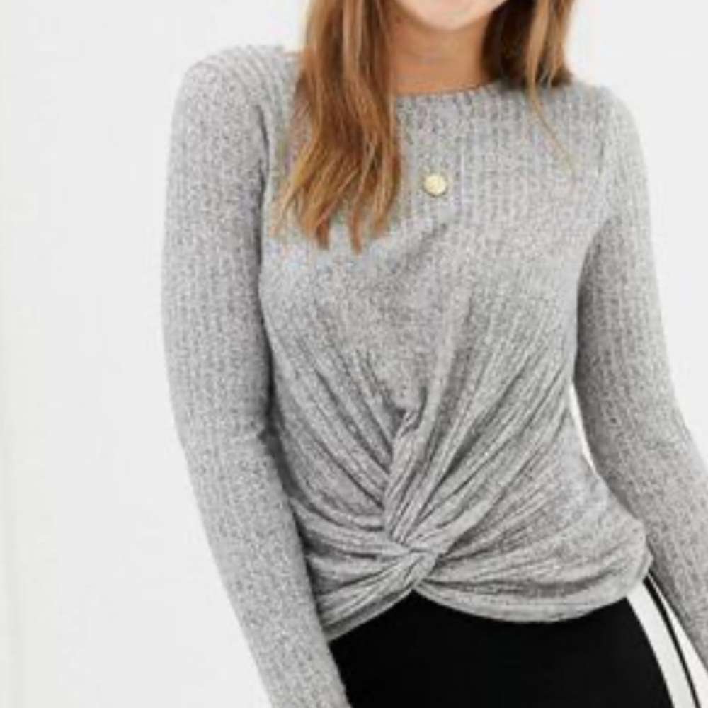 Hello Nite Gray Long Sleeve Tee with Twist Front